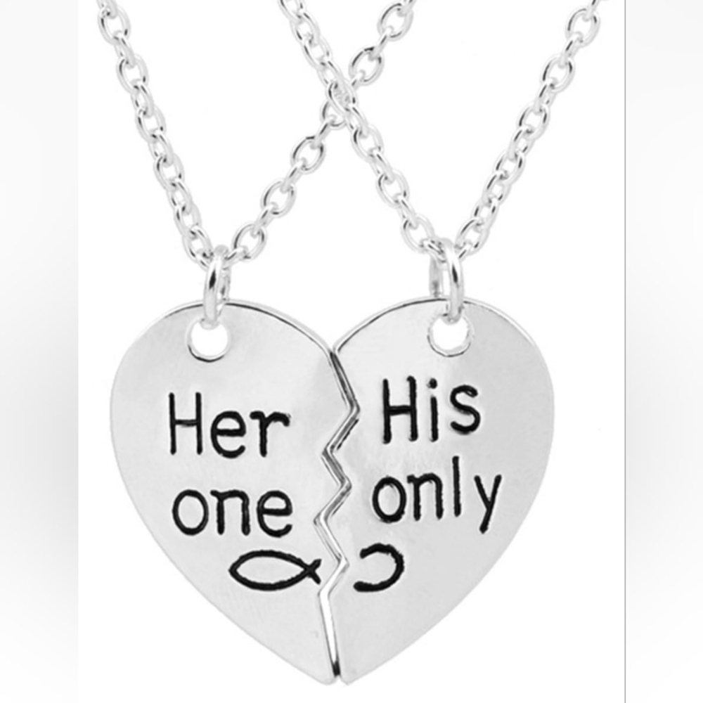 2 Two pendants with a heart charm in half, Her One/ His Only, infinite love